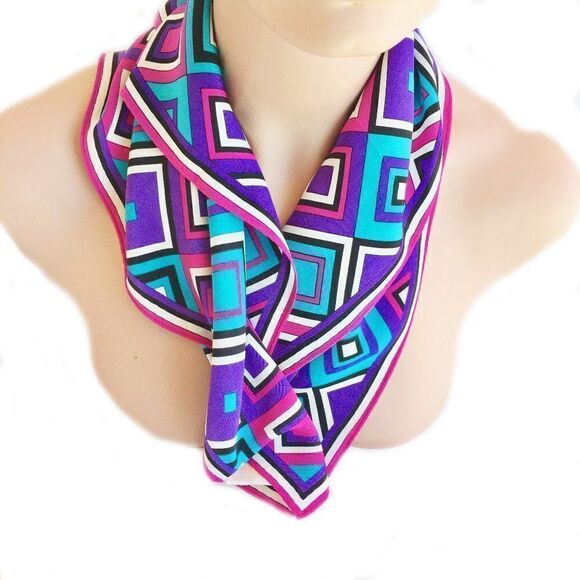Vtg Elaine Gold Geometric silk scarf jewel colors - Picture 1 of 10